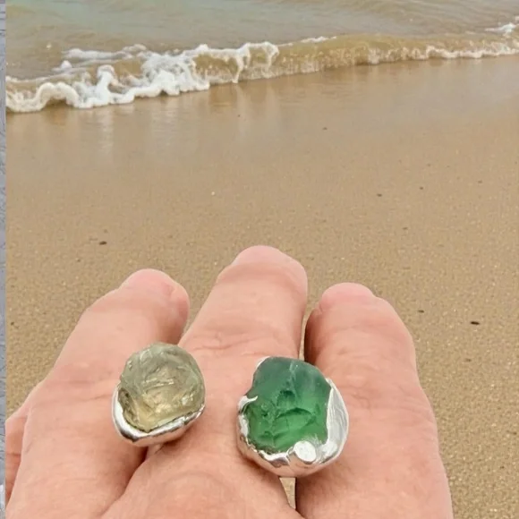 Sea Glass Balance Ring With Upcycled Silver Spoon Band Artisan Crafted Adjust. - Picture 7 of 14